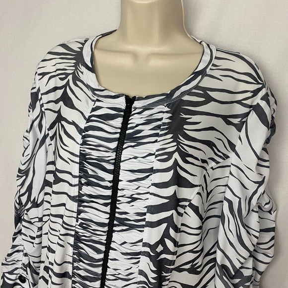 Clara Sun Woo Jacket Womens Large Animal Print Black White Shirred Stretchy Zip - Picture 2 of 14